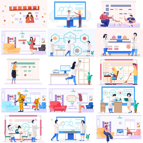 Medical worker in lab, girl pet owner in the interior of the room, people stay at home, sanitization — Stock Vector