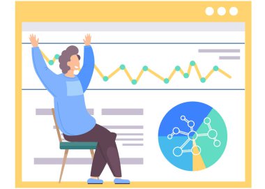 Adam mutlu ve ellerini kaldırıyor. Kimyasal araştırma ve deneylerin istatistikleri ile çalış