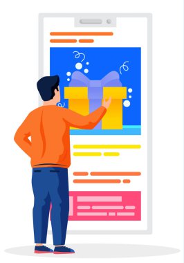 Adam akıllı telefondaki uygulamasında bir hediye seçiyor. İnternet üzerinden hediye alma süreci