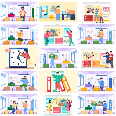 Ekoloji ve doğa tarihi dersi. Fotoğrafçı öğrencilere bir kamera gösteriyor. Sınıfta fotoğraf dersi.