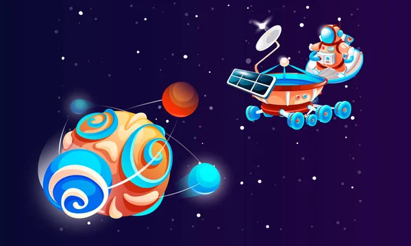 Kosmonaut in de ruimte met planeet. Cartoon astronaut op de maan rover kosmische vector illustratie — Stockvector