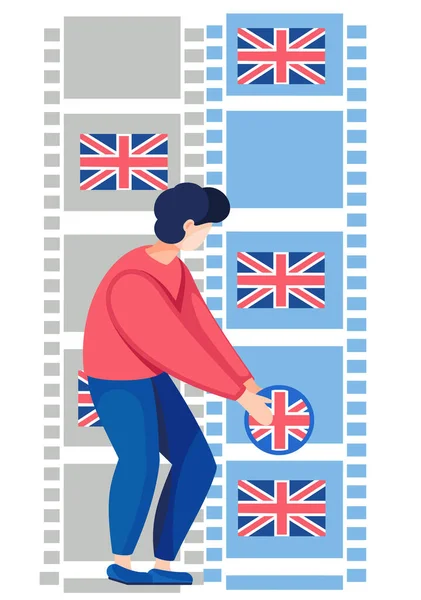 Engelska språkkurser. Illustration med en man stående som håller Storbritanniens flagga — Stock vektor