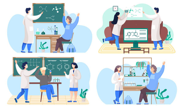 Набор иллюстраций на тему изучения химии. Учитель объясняет формулы на доске