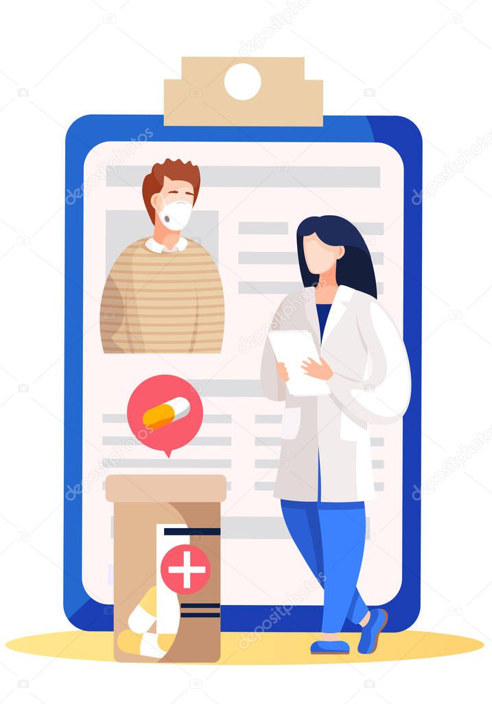 Doctor near a clipboard with a man in protective face mask, patient card, cross and pill icons