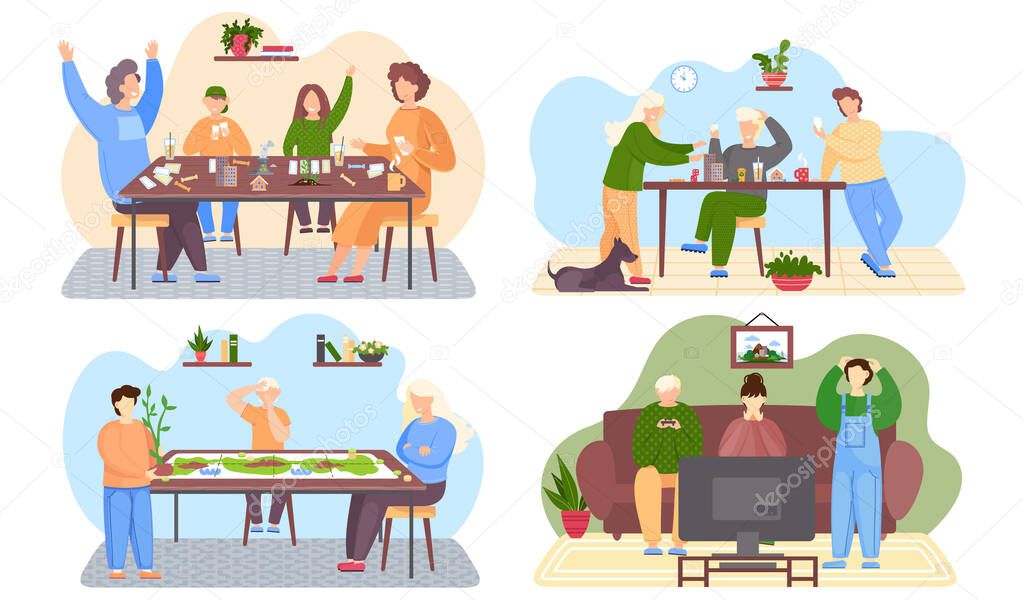 A set of illustrations on the theme of family pastime. Relatives play a board game or cards