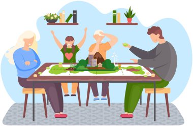 Mutlu aile masa oyunu oynuyor. Kız kaybından dolayı kızgın. Masadaki şehrin maketi.