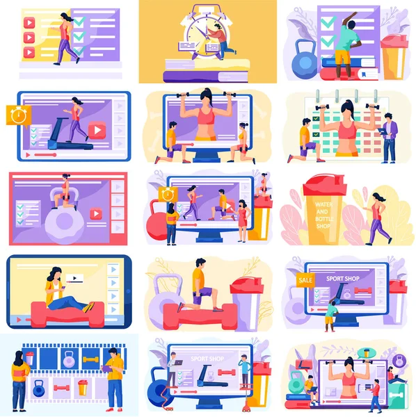 Concept de cours en ligne Fitness. Les gens faisant de l'exercice à la maison dans les classes en ligne en utilisant Internet — Image vectorielle