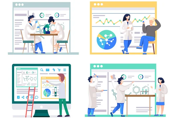 Illusztrációk a kémiai kutatási statisztikákról és kísérletekről. A tudósok együtt dolgoznak. — Stock Vector