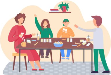 Masada oturup masa oyunu oynayan mutlu bir aile. Ebeveynler ve çocuklar birlikte vakit geçiriyorlar.