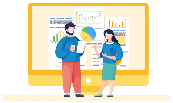 Жінка і чоловік офісні працівники поблизу інформаційного плаката з цифровими індикаторами, графіками і графіками — стоковий вектор