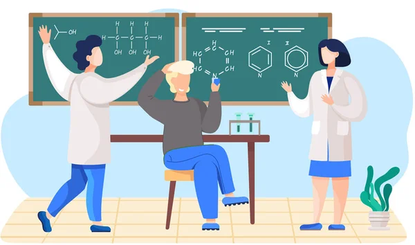 Sınıfta kimya dersi. Bilim adamları formülleri karatahtada açıklıyor. Elinde kartlarla oturan adam. — Stok Vektör