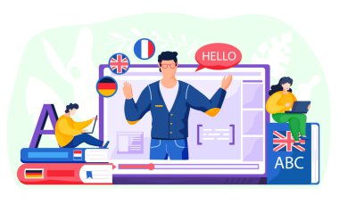 Online internet dil kursları. Erkek öğretmen, kitap ve Avrupa bayraklarıyla bir ders veriyor.