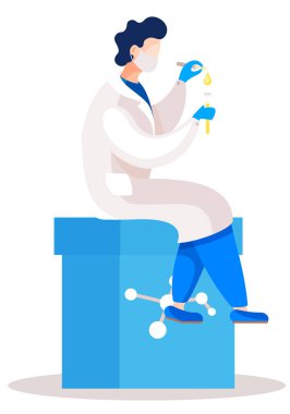 Bilim adamı laboratuarda bir deney yürütüyor. Adam pipetten deney tüpüne damlıyor.