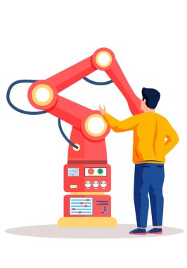 Erkek bilim adamı ve mekanik kol deneyleri. Yapay zeka kavramı