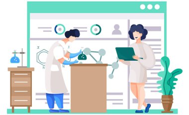 Bilimsel araştırma sonuçları. Kızın elinde sıvı olan bir şişe var. Dizüstü bilgisayarla çalışan kadın.