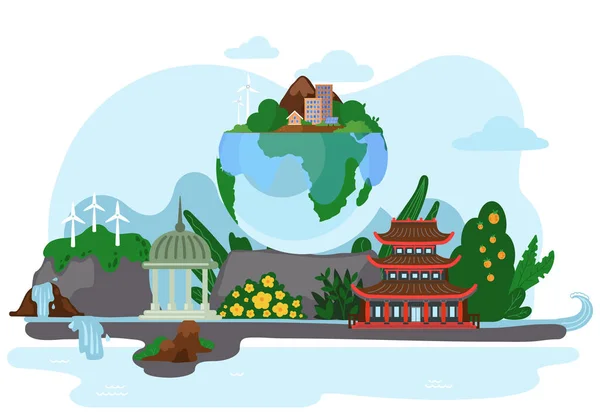 Asiatische Landschaft mit Baum, Wasserfall, Bergen und Haus. Globus mit Pflanzen und Windrädern — Stockvektor