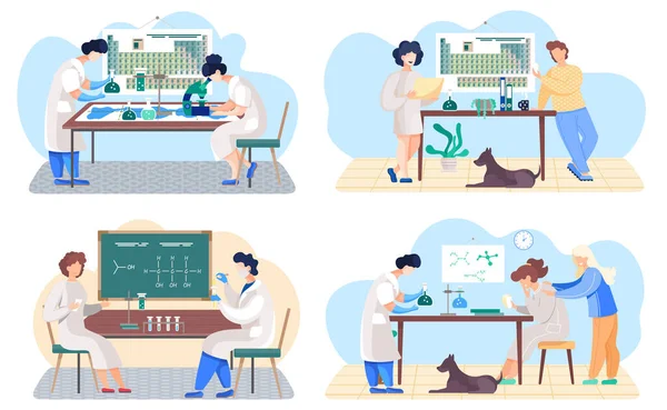 Set of illustrations about research, experiments and playind cards. Collaborate in the laboratory — Stock Vector