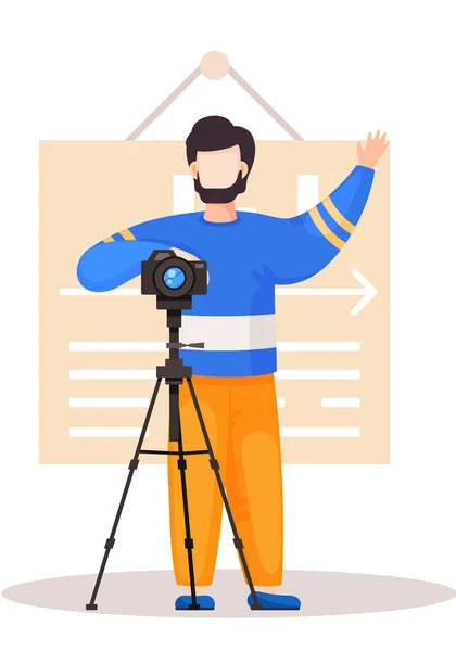 The guy standing with the camera and a tripod. Photographer in the photo studio. Guy raises his hand — Stock Vector