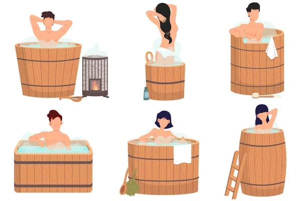 Сауна и спа процедуры изолированы. Люди в бане. Расслабляющий уход за телом и терапия, мужчины и женщины, принимающие ванну — стоковый вектор