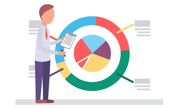 El empresario presenta un informe de situación. Carácter de pie en el diagrama grande que apunta en el segmento de color — Vector de stock