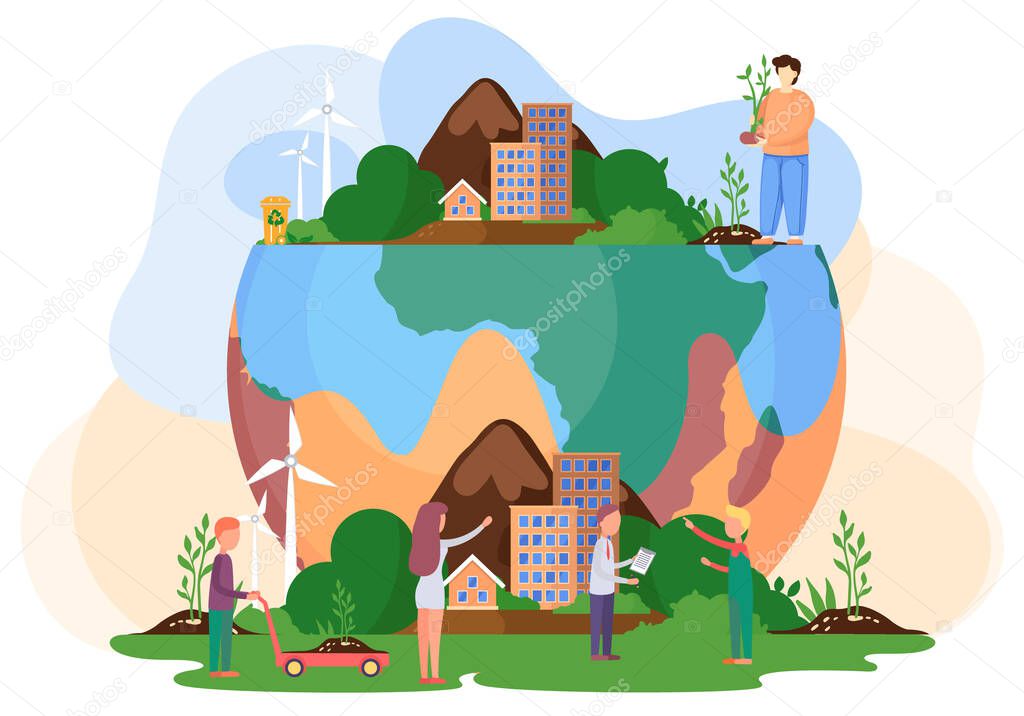 People prepare for the day of the Earth. Save the planet. Greening vector flat illustration