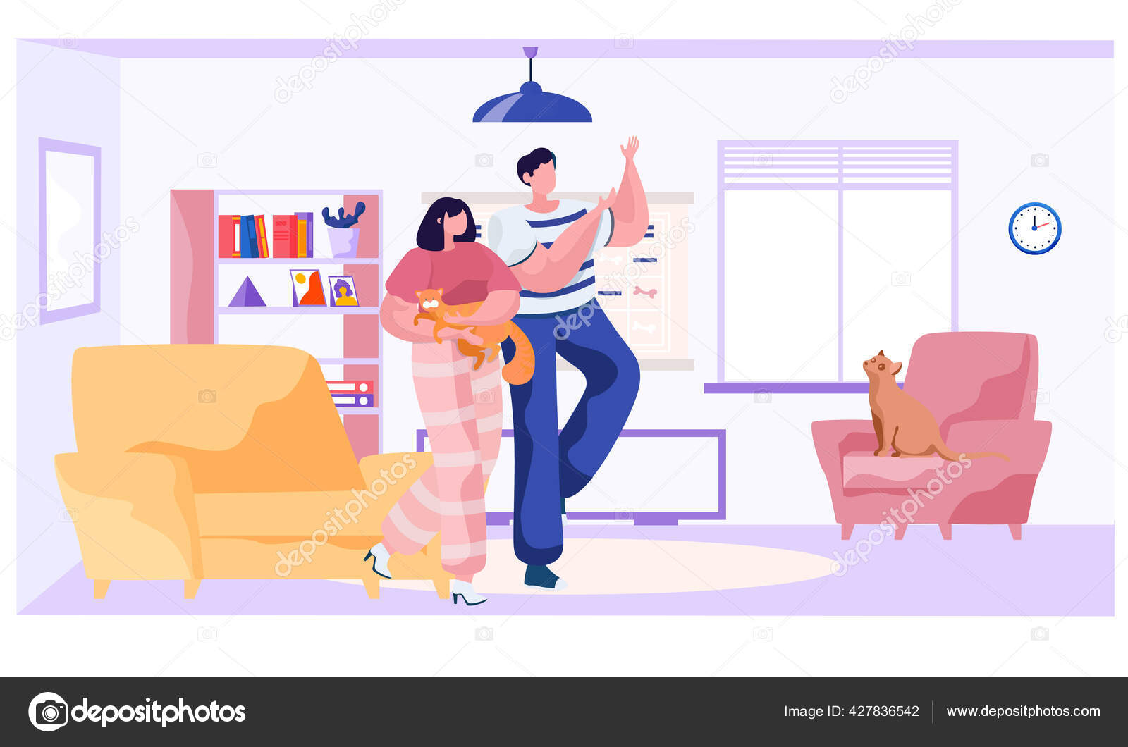 Pasangan Keluarga Bahagia Dengan Kucing Besar Dan Kecil Di Interior Rumah Pemilik Kucing Sedang Beristirahat Bersama Stok Vektor TopVector 427836542