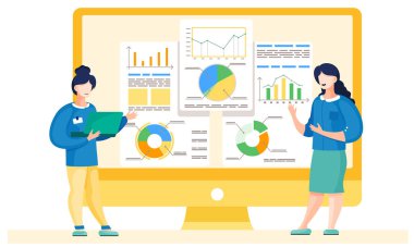 Finansal istatistikleri inceleyen kızlar. Ayakta duran ve iletişim kuran kadın çalışanlar