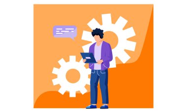 Bilgisayarlı adam, turuncu vitesli bir e-posta vektör çizimi gönderiyor.