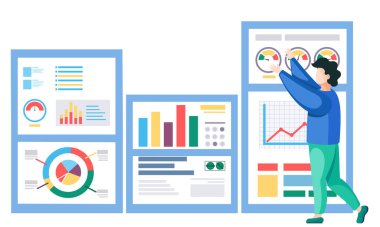 İş adamı raporun yanında grafikler ve çizelgelerle sunum yapıyor. Sözcü atölyeyi yönetiyor