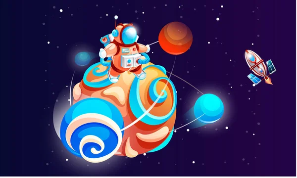 Astronauta dos desenhos animados no planeta ilustração vetorial cósmica. Cosmonauta no espaço exterior com foguete — Vetor de Stock