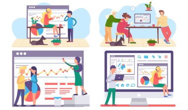 İstatistik ve analitik konularında bir dizi çizim. Çalışan grubu verilerle çalışır