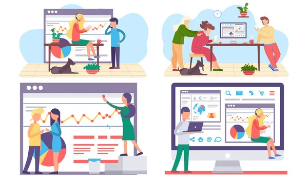 En uppsättning illustrationer om ämnet statistik och analys. Arbetstagargruppen arbetar med data — Stock vektor