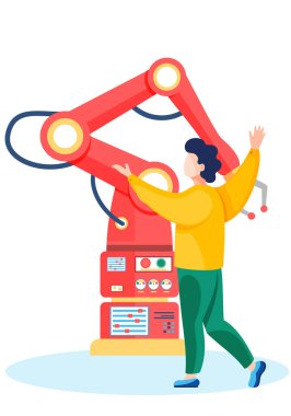 Erkek bilim adamı mekanik kolla deneyler yapıyor. Adam kollarını açtı ve robota doğru gitti.