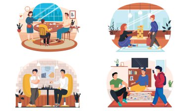 Arkadaşlar iskambil oynuyor ve diğer masa oyunları oynuyor, insanlar birlikte iyi vakit geçiriyor.