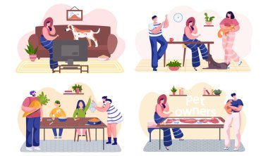 Mutlu insanlar, evde kedileri ve köpekleri olan bir aile. Evcil hayvanlar ve sahipleri birlikte dinleniyorlar.