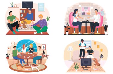 İnsanlar evlerinde evcil hayvanlarla masa oyunu oynuyorlar, akşamları rahat bir ortam.