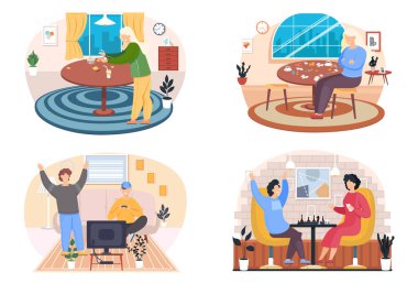 Aile üyeleri iskambil oynuyor ve diğer masa oyunları oynuyor, insanlar iyi vakit geçiriyor.