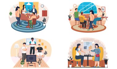 Arkadaşlar iskambil oynuyor ve diğer masa oyunları oynuyor, insanlar birlikte iyi vakit geçiriyor.