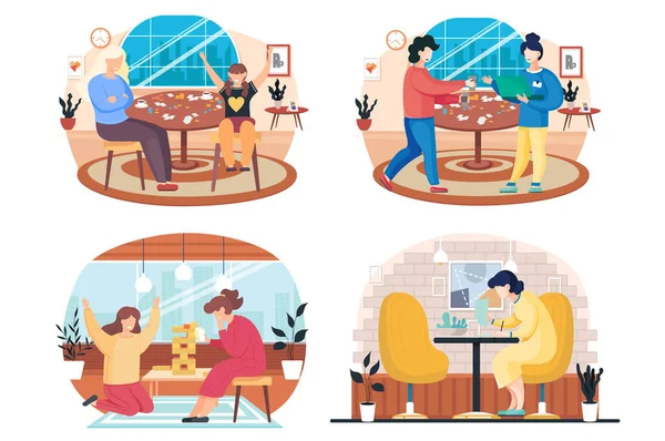 Membres de la famille jouant aux cartes et autres jeux de société assis à une table, les gens ayant du bon temps — Image vectorielle