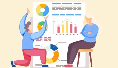 Adam diz çöküp pasta grafiğini gösteriyor. Kız adama öfkeyle bakıyor. İstatistikler ve anatitikler