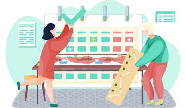 Grafikle birlikte bir tabela tutan adam. Elinde işaret olan bir kız. Arkaplanda takvim