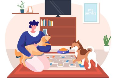 Kadınlar, köpeklerine sevgi ve sıcaklıkla sarılır. İnsanlar ve evcil hayvanları arasındaki ilişki kavramı.