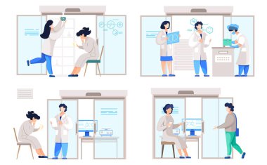 Bilim kimya laboratuvarında deneyler yapan beyaz önlüklü bir grup bilim adamı.