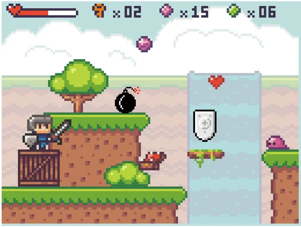 Pixel konst stil, karaktär i spelet arkadspel. Game scen med smuts plattformar med gräs och buske — Stock vektor