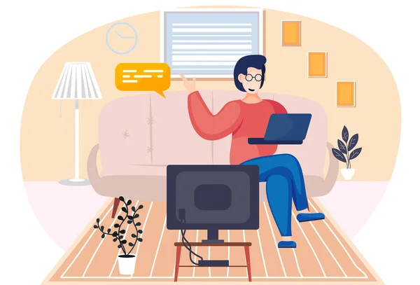 Mujer de negocios está sentado con el ordenador portátil en las manos en el sofá en el interior de la sala de estar, reunión en línea — Archivo Imágenes Vectoriales