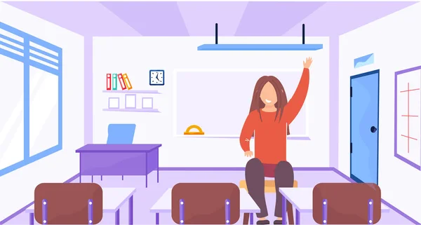 Une jeune fille lève la main assise dans une salle de classe vide. L'étudiant est prêt pour les examens d'entrée — Image vectorielle
