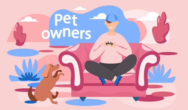 Ο τύπος παίζει βιντεοπαιχνίδια, ο καφέ σκύλος κάθεται δίπλα του και κοιτάζει τον ιδιοκτήτη. Νεαρός παίκτης υπολογιστών — Διανυσματικό Αρχείο