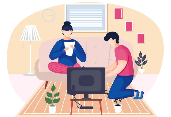 Rodinný manžel a žena si spolu povídají v pokoji. Obývací pokoj s pohovkou a televizorem — Stockový vektor