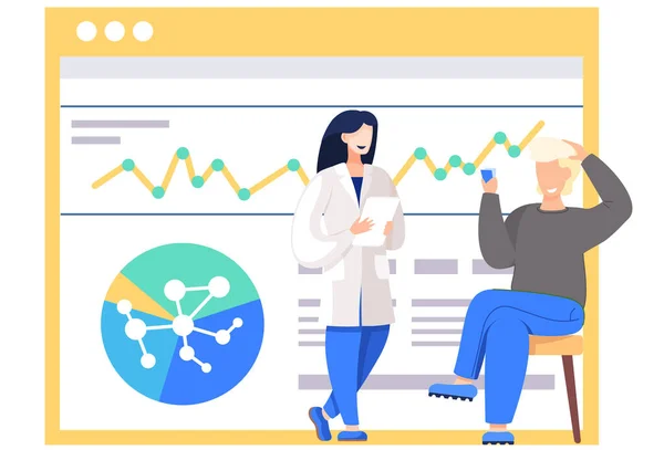 Smiling guy sits with cards in his hands. Chemist monitoring research progress. Statistics poster — Stock Vector