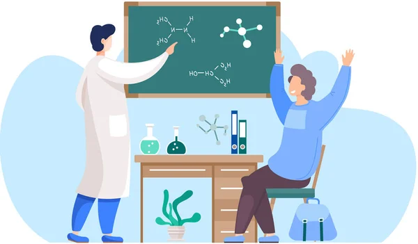 Okulda kimya dersi. Bilim adamı formülleri karatahtada açıklıyor. Adam ellerini kaldırıyor. — Stok Vektör